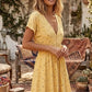 Vestido Boho Corto Amarillo Floral Cuello En V Manga Corta Verano