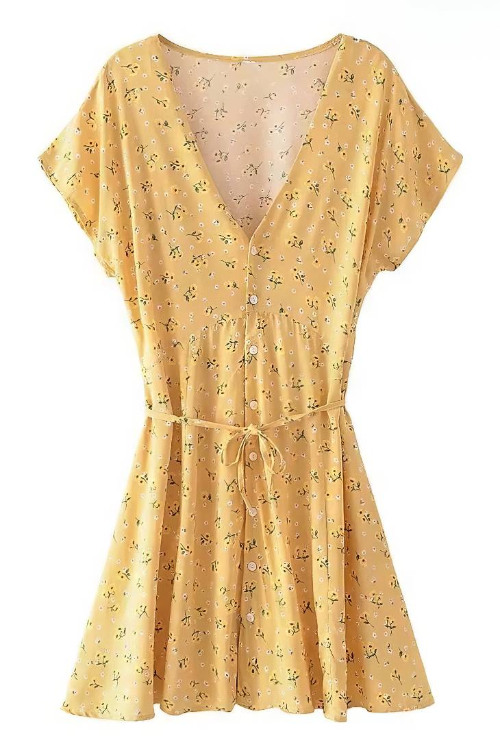Vestido Boho Corto Amarillo Floral Cuello En V Manga Corta Verano