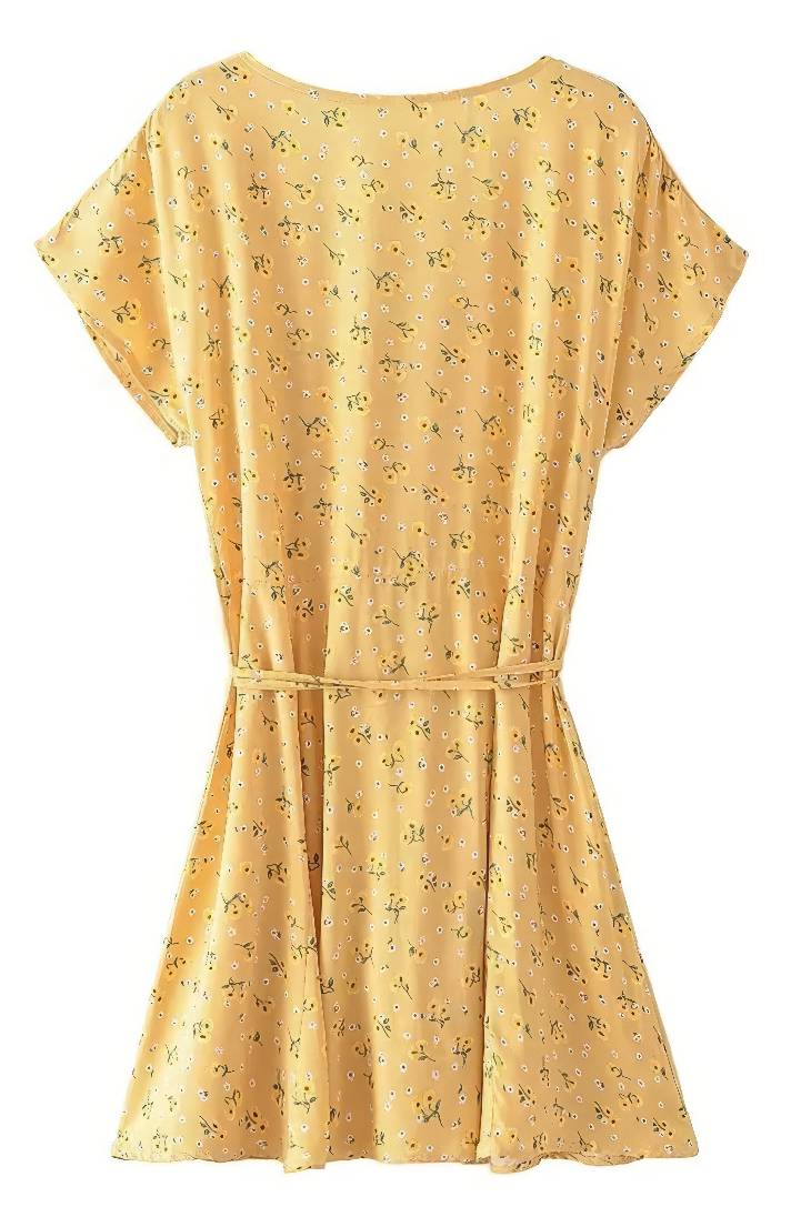 Vestido Boho Corto Amarillo Floral Cuello En V Manga Corta Verano