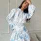 Vestido Boho Corto Blanco Y Azul Floral Manga Larga Con Volantes