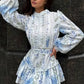 Vestido Boho Corto Blanco Y Azul Floral Manga Larga Con Volantes