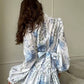 Vestido Boho Corto Blanco Y Azul Floral Manga Larga Con Volantes