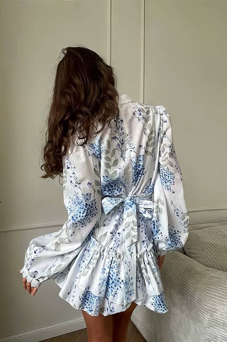 Vestido Boho Corto Blanco Y Azul Floral Manga Larga Con Volantes