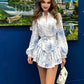 Vestido Boho Corto Blanco Y Azul Floral Manga Larga Con Volantes