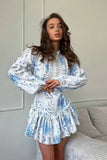 Vestido Boho Corto Blanco Y Azul Floral Manga Larga Con Volantes