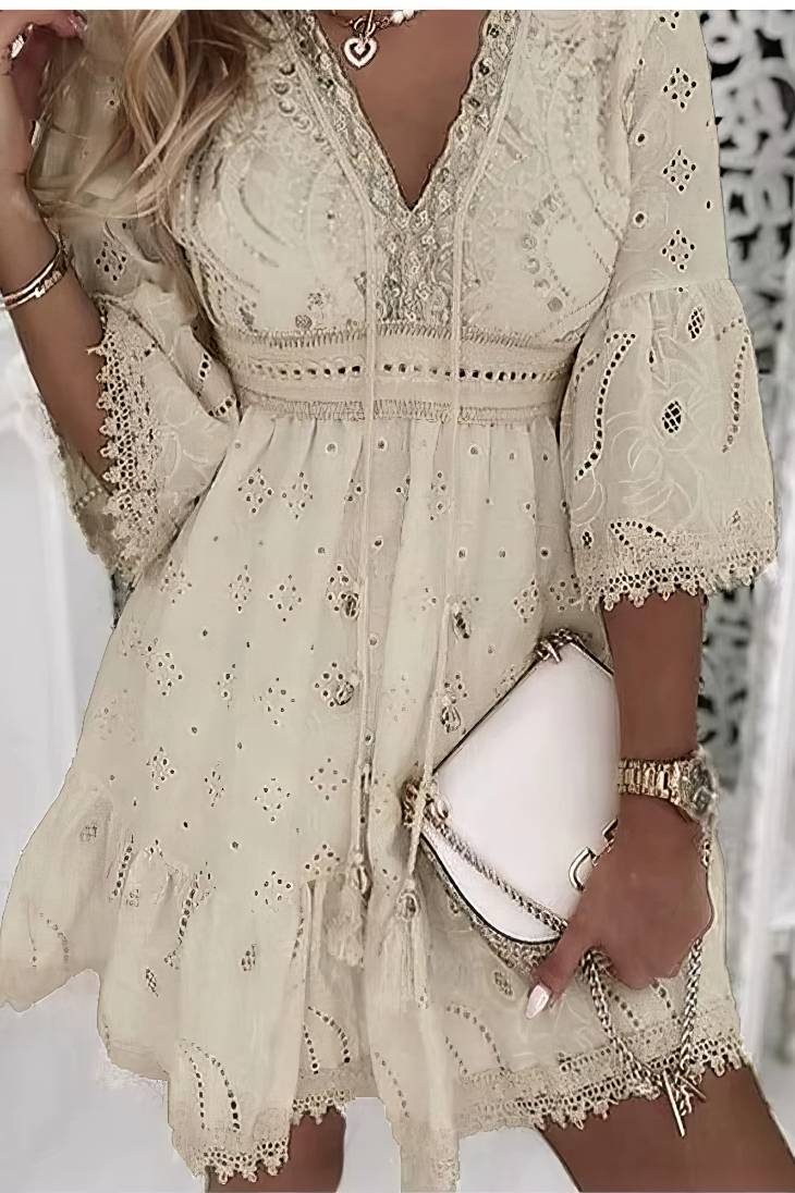 Vestido Boho Corto De Encaje Cuello En V Manga 3/4