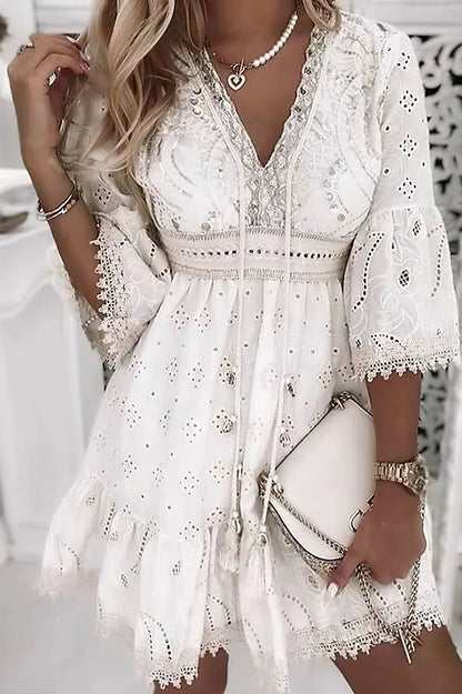 Vestido Boho Corto De Encaje Cuello En V Manga 3/4
