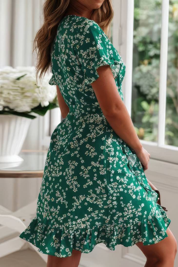 Vestido Boho Corto Floral Cuello En V Manga Corta