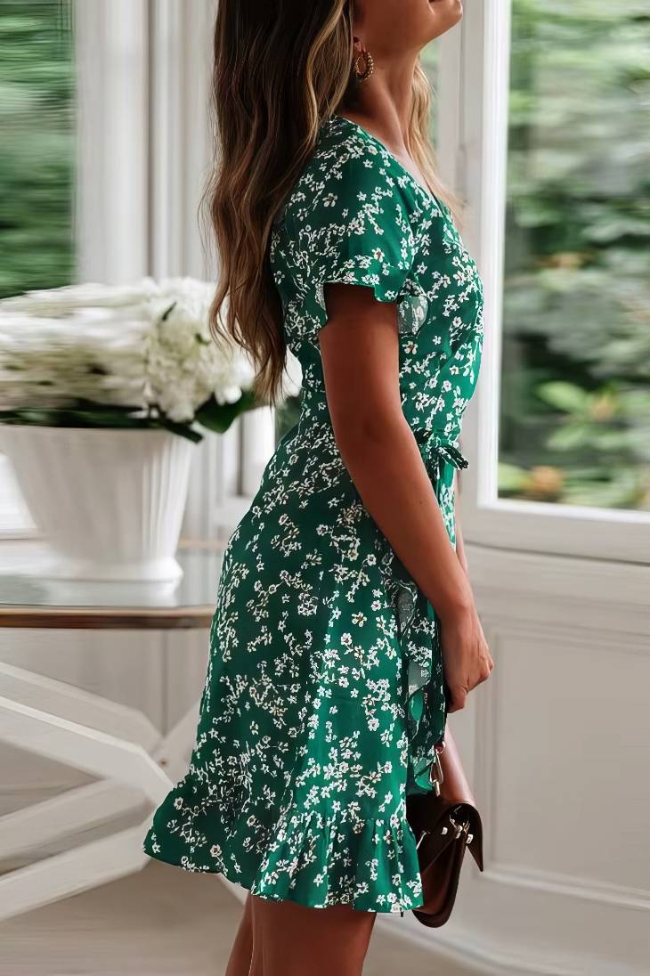 Vestido Boho Corto Floral Cuello En V Manga Corta