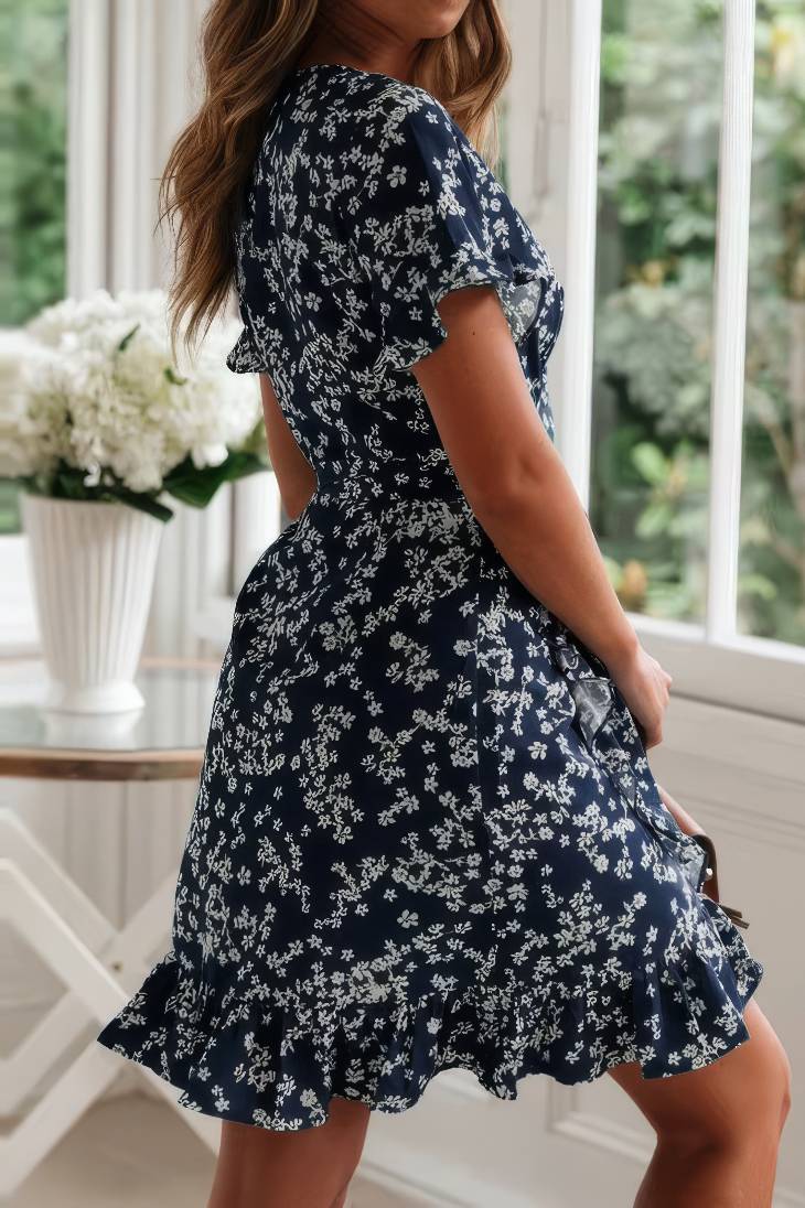 Vestido Boho Corto Floral Cuello En V Manga Corta