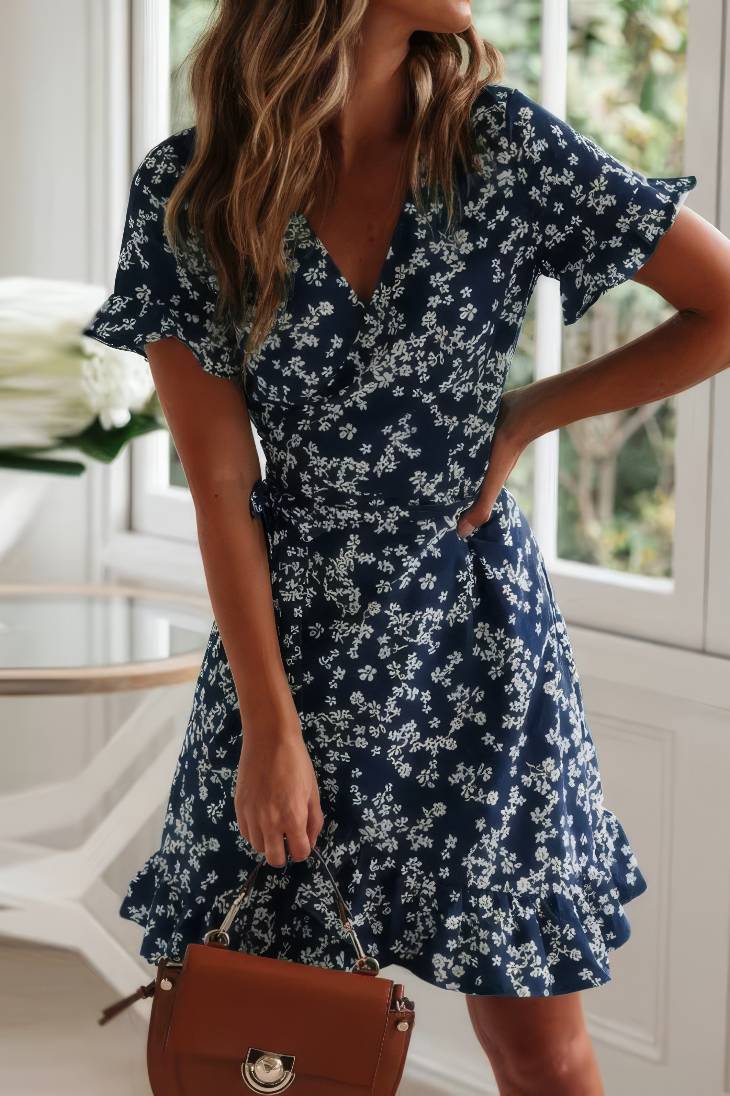 Vestido Boho Corto Floral Cuello En V Manga Corta