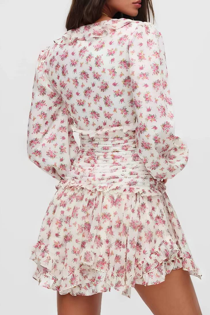 Vestido Boho Corto Floral Cuello En V Manga Larga Con Volantes