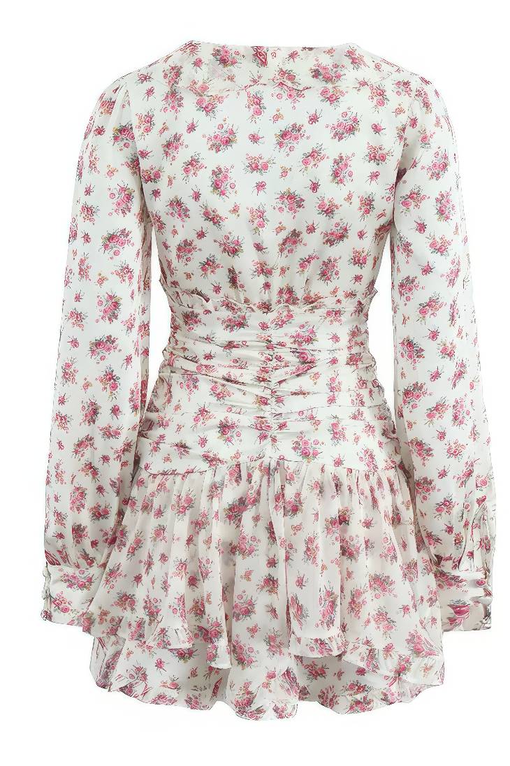 Vestido Boho Corto Floral Cuello En V Manga Larga Con Volantes