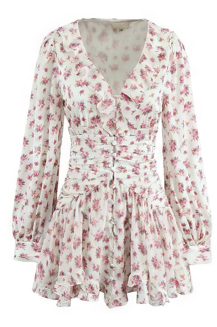 Vestido Boho Corto Floral Cuello En V Manga Larga Con Volantes