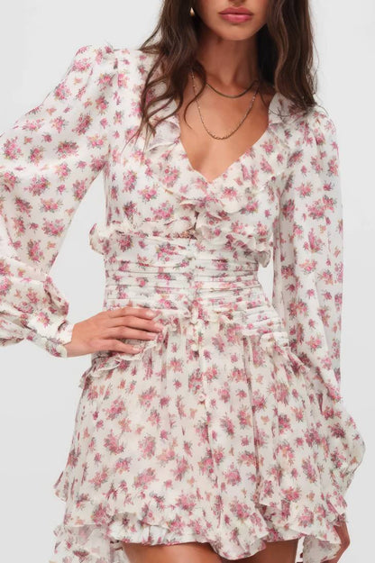Vestido Boho Corto Floral Cuello En V Manga Larga Con Volantes