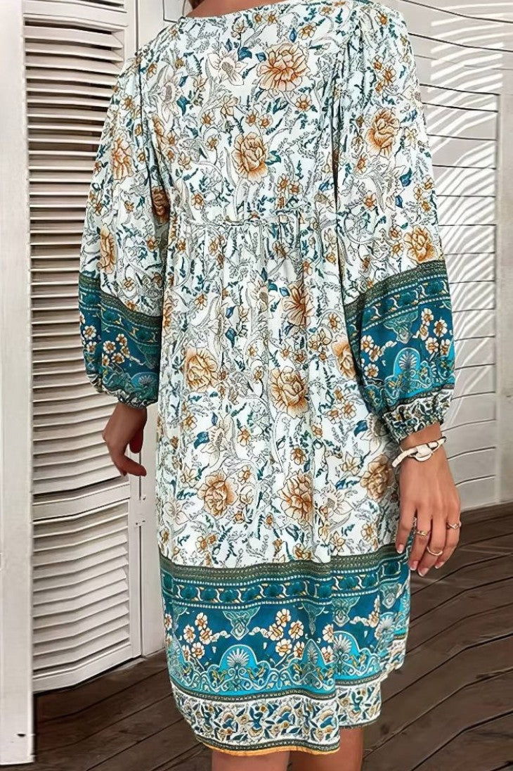 Vestido Boho Corto Floral Cuello En V Manga Larga Estilo Verano Playa