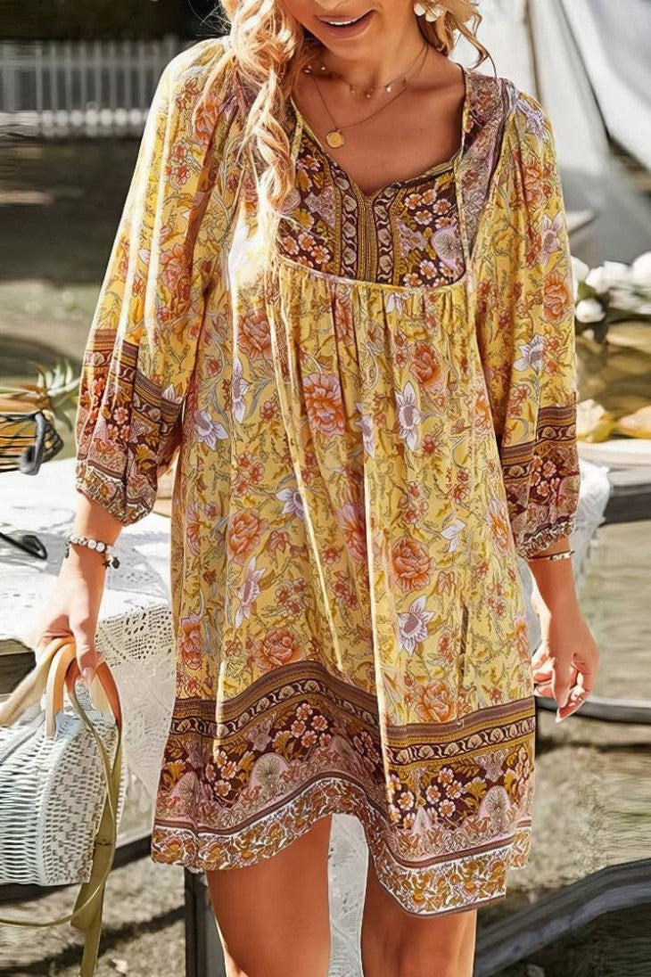 Vestido Boho Corto Floral Cuello En V Manga Larga Estilo Verano Playa