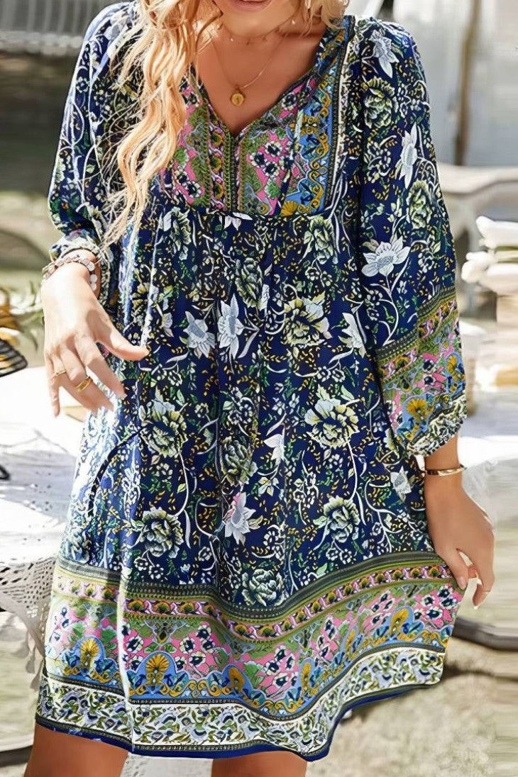 Vestido Boho Corto Floral Cuello En V Manga Larga Estilo Verano Playa