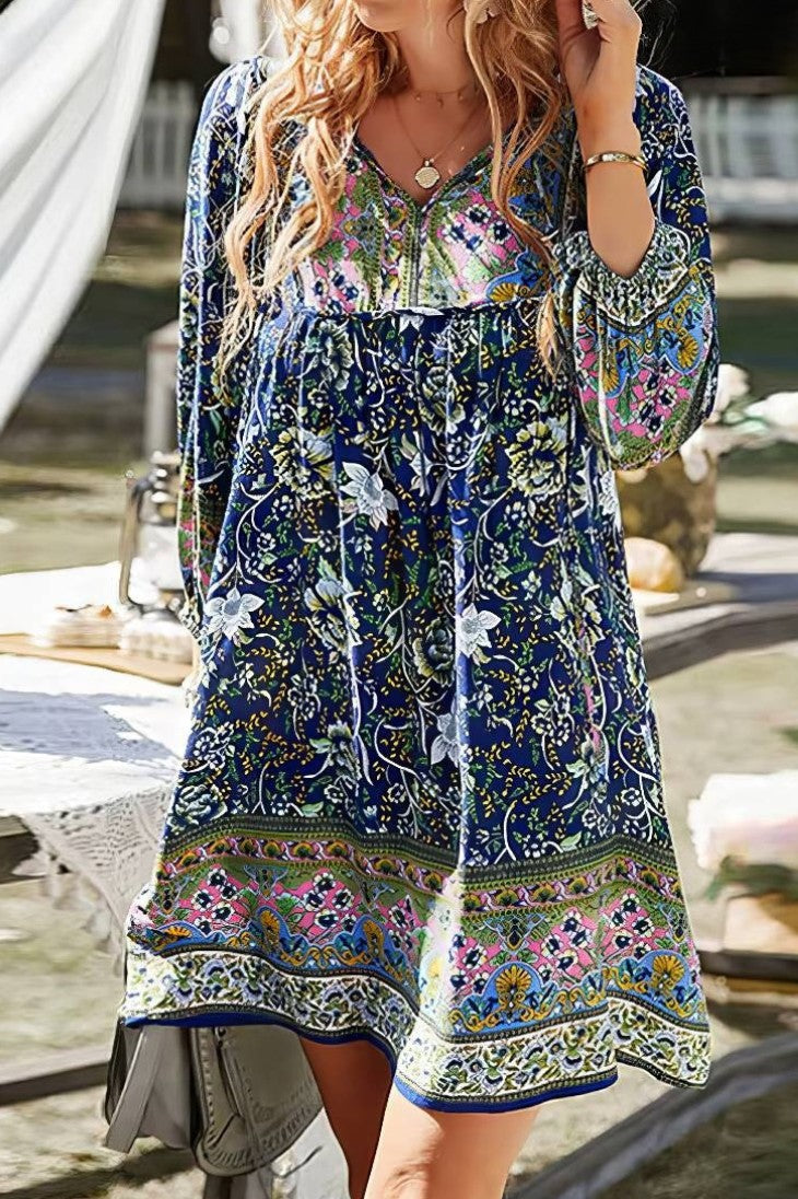 Vestido Boho Corto Floral Cuello En V Manga Larga Estilo Verano Playa