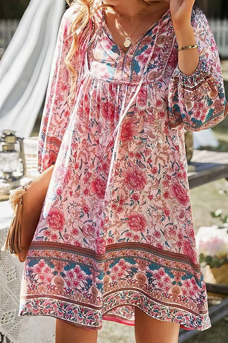 Vestido Boho Corto Floral Cuello En V Manga Larga Estilo Verano Playa