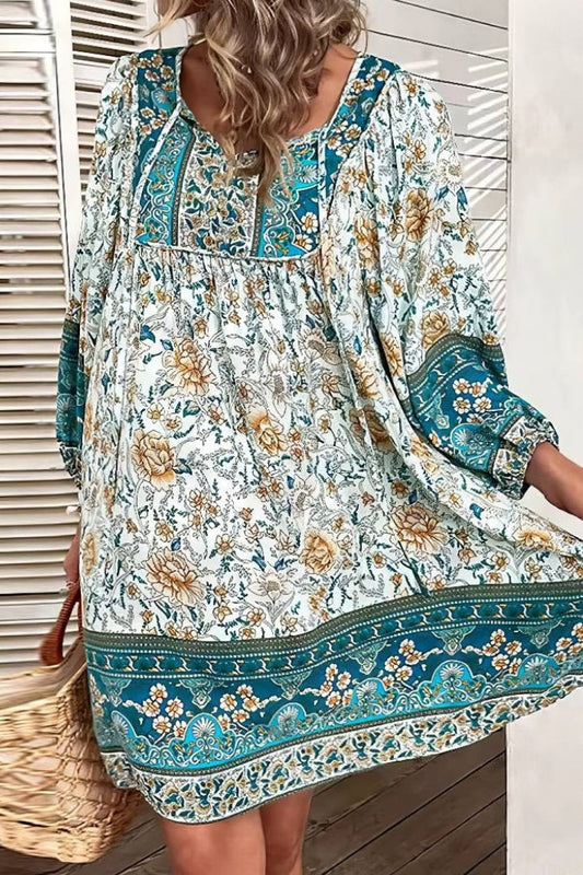 Vestido Boho Corto Floral Cuello En V Manga Larga Estilo Verano Playa