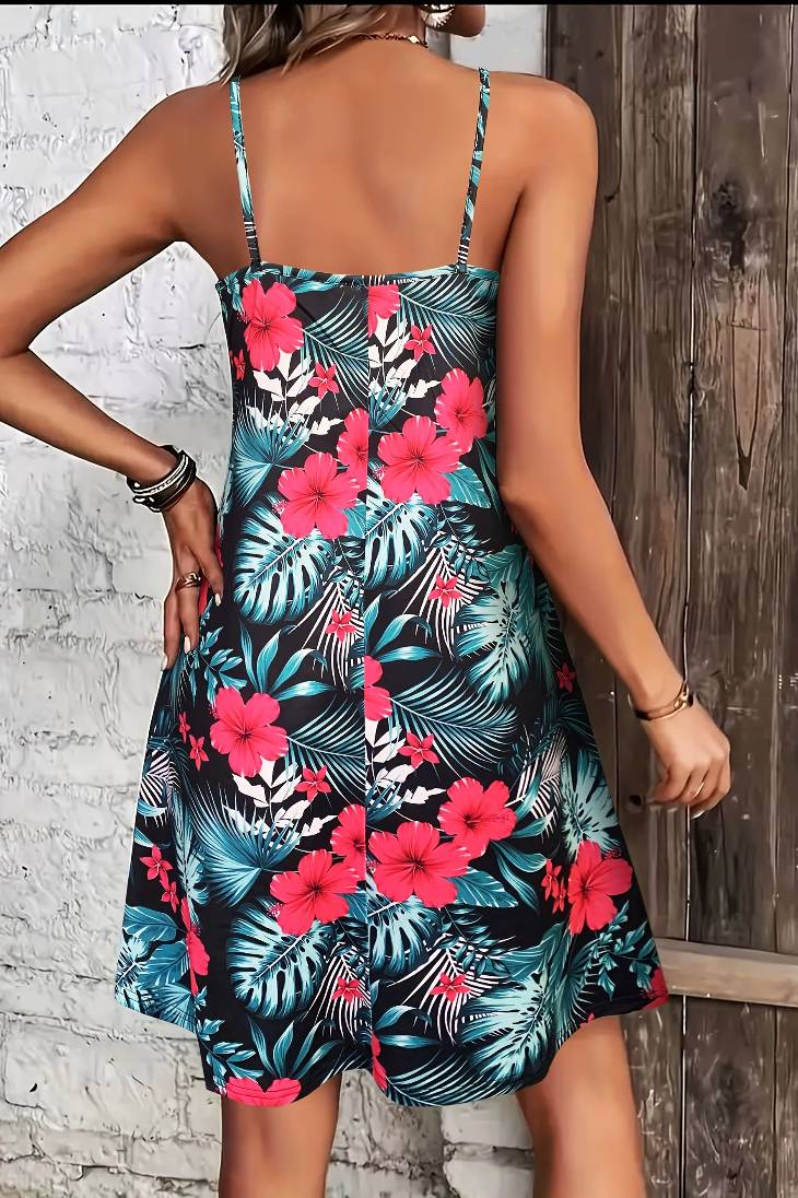 Vestido Boho Corto Floral Tropical Tirantes Finos Sin Mangas