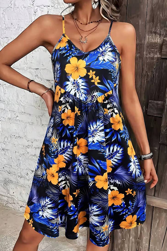 Vestido Boho Corto Floral Tropical Tirantes Finos Sin Mangas