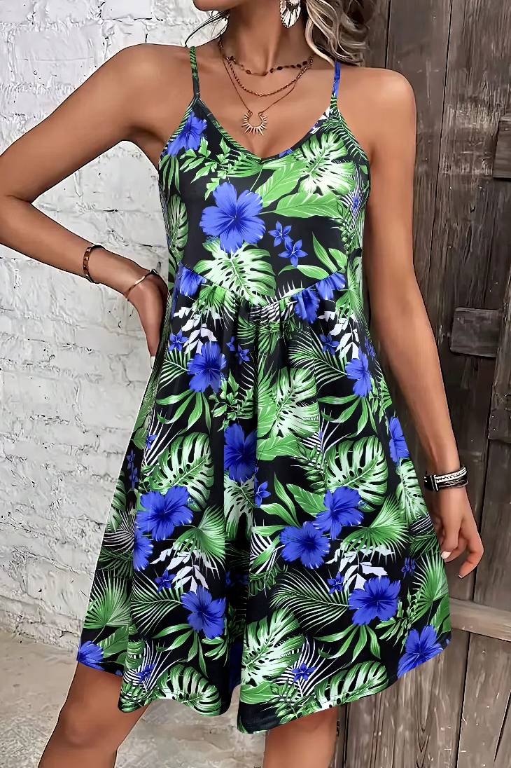 Vestido Boho Corto Floral Tropical Tirantes Finos Sin Mangas