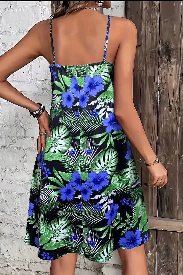 Vestido Boho Corto Floral Tropical Tirantes Finos Sin Mangas