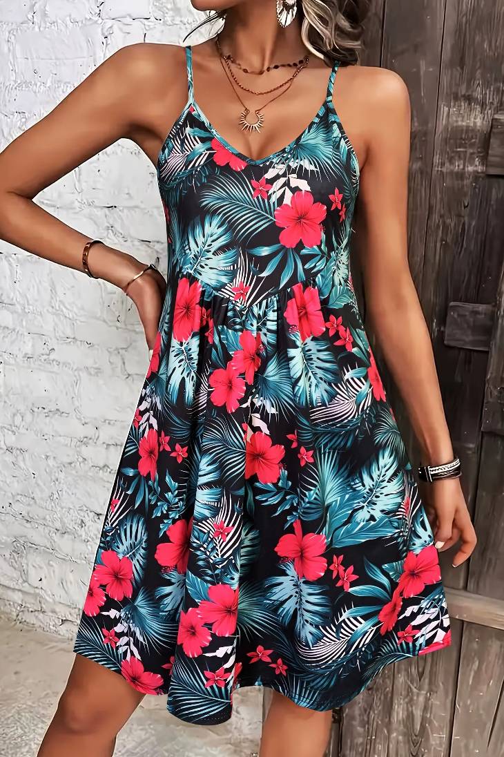 Vestido Boho Corto Floral Tropical Tirantes Finos Sin Mangas