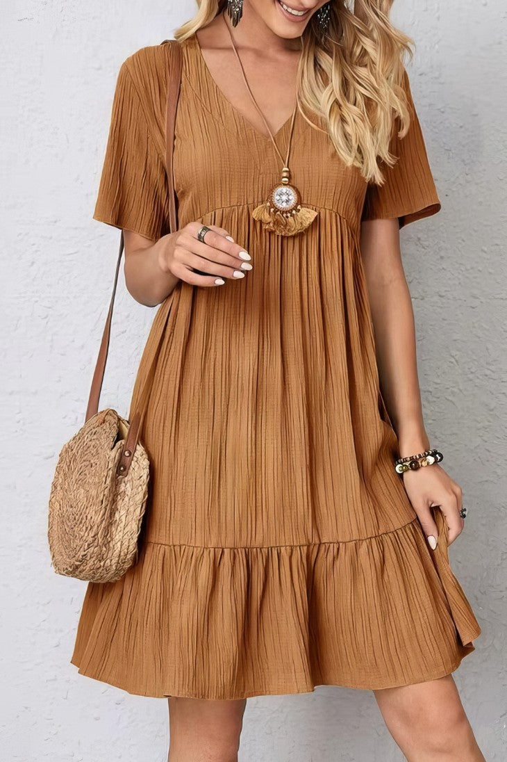 Vestido Boho Corto Manga Corta Cuello En V
