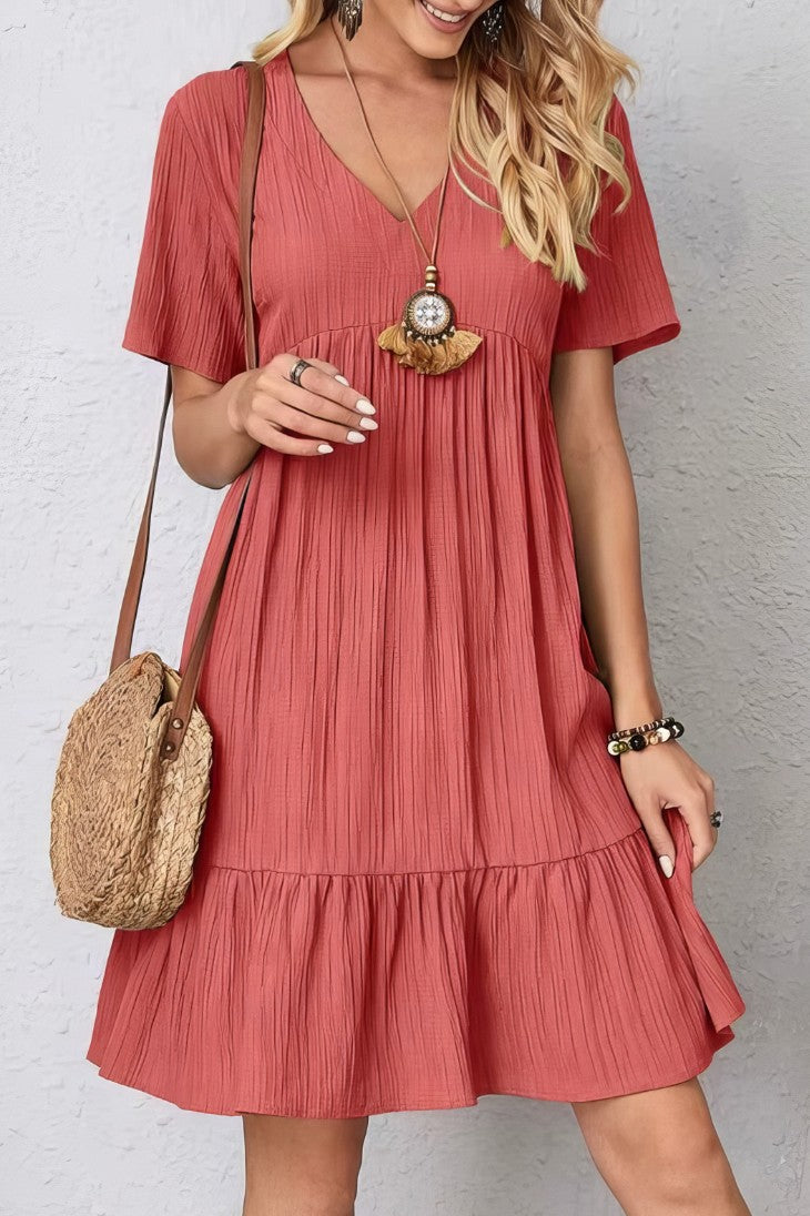 Vestido Boho Corto Manga Corta Cuello En V