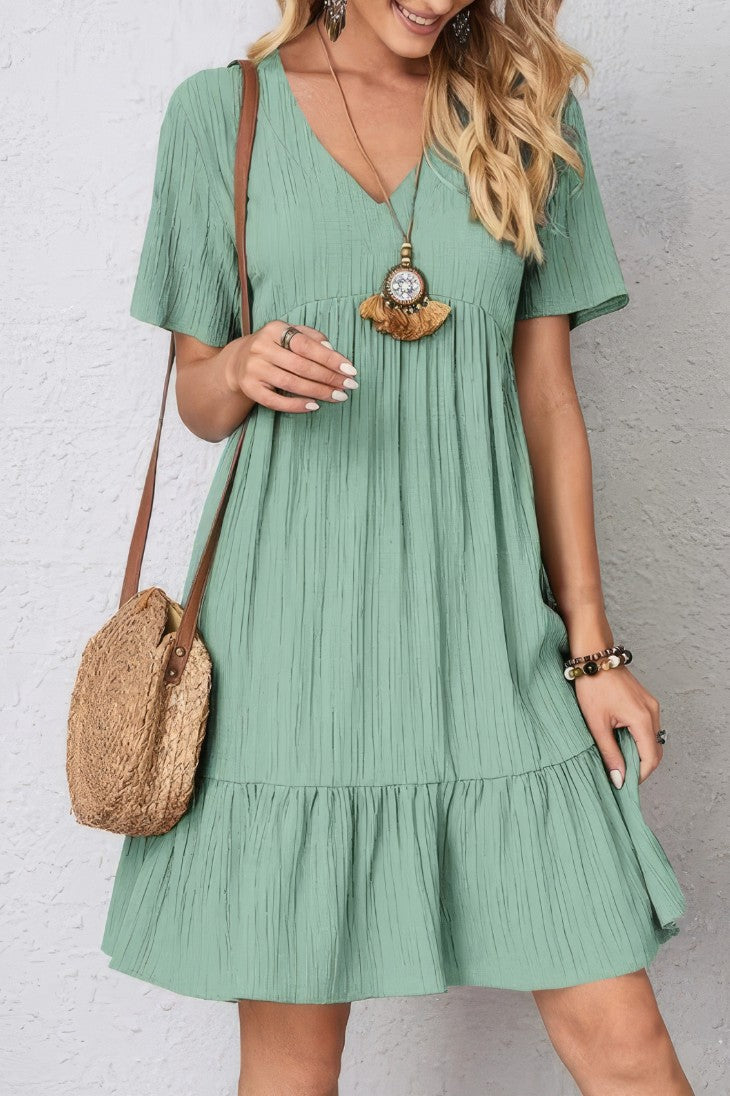 Vestido Boho Corto Manga Corta Cuello En V