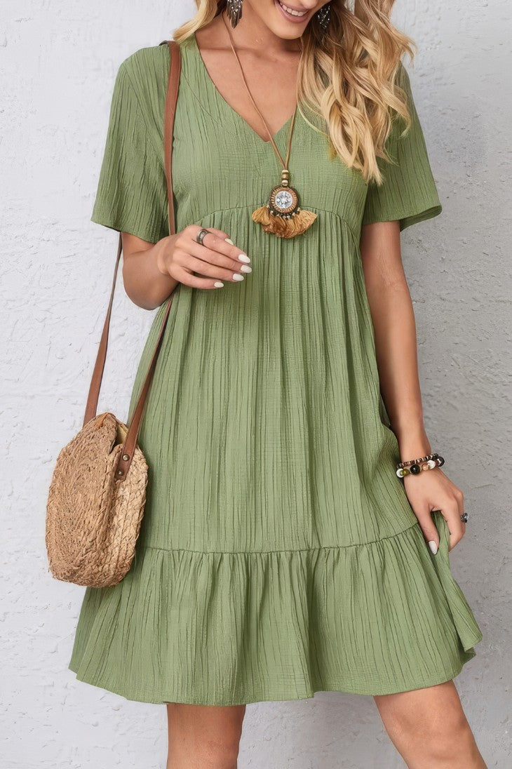 Vestido Boho Corto Manga Corta Cuello En V