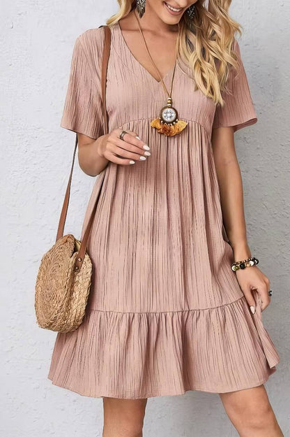 Vestido Boho Corto Manga Corta Cuello En V