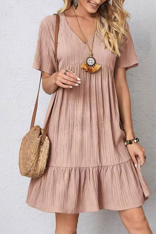 Vestido Boho Corto Manga Corta Cuello En V