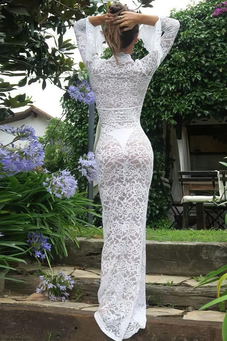 Vestido Boho De Encaje Largo Manga Larga Escote En V