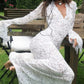 Vestido Boho De Encaje Largo Manga Larga Escote En V