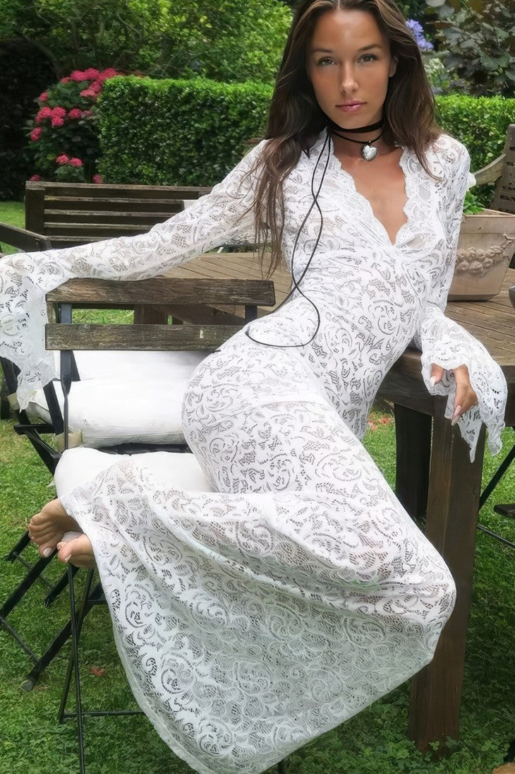 Vestido Boho De Encaje Largo Manga Larga Escote En V