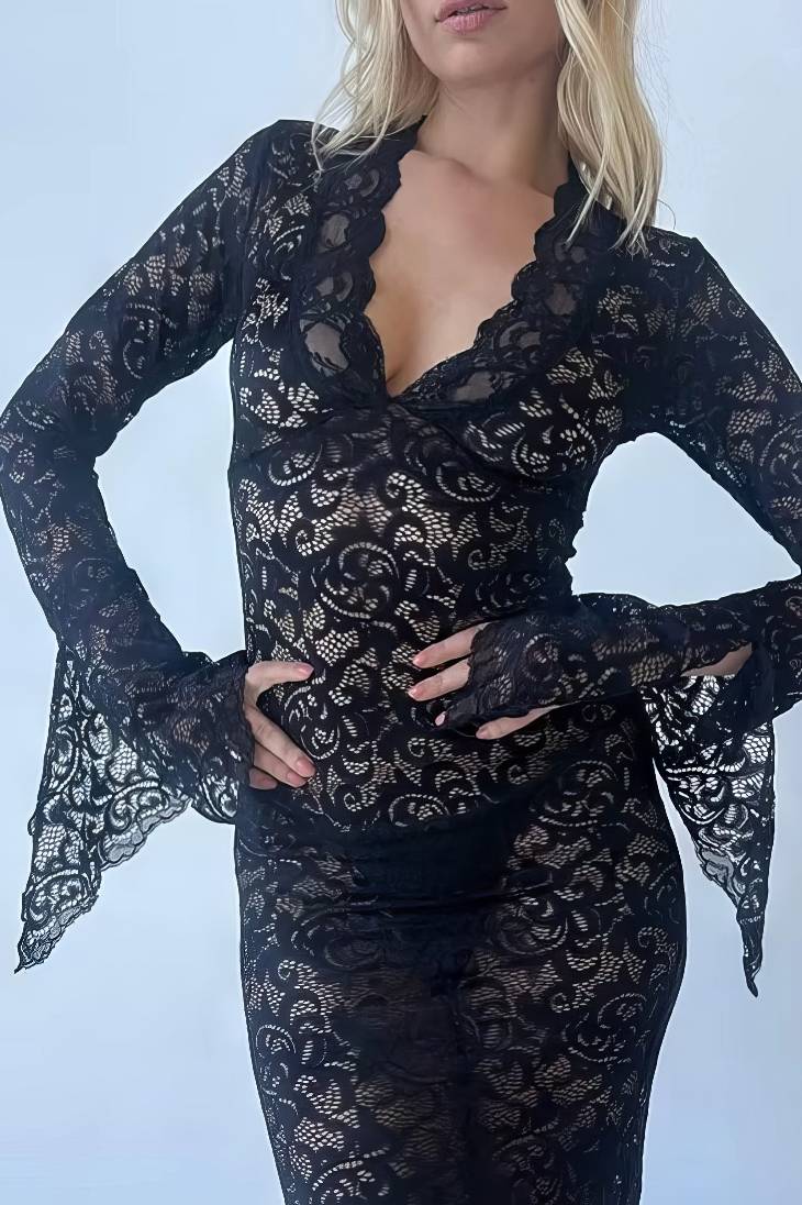 Vestido Boho De Encaje Largo Manga Larga Escote En V