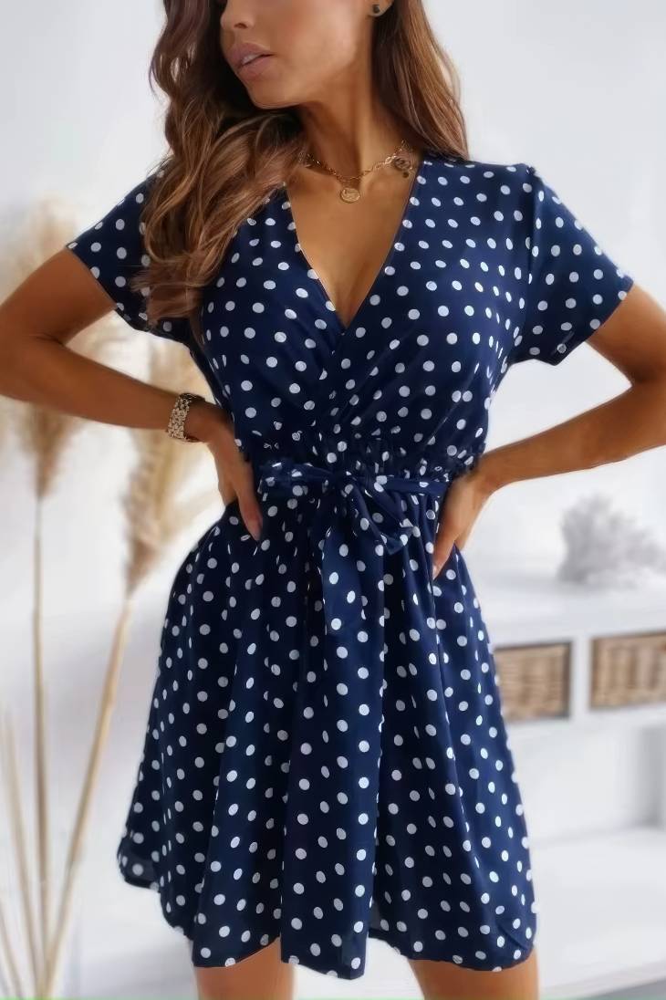 Vestido Boho De Lunares Corto Manga Corta Escote En V