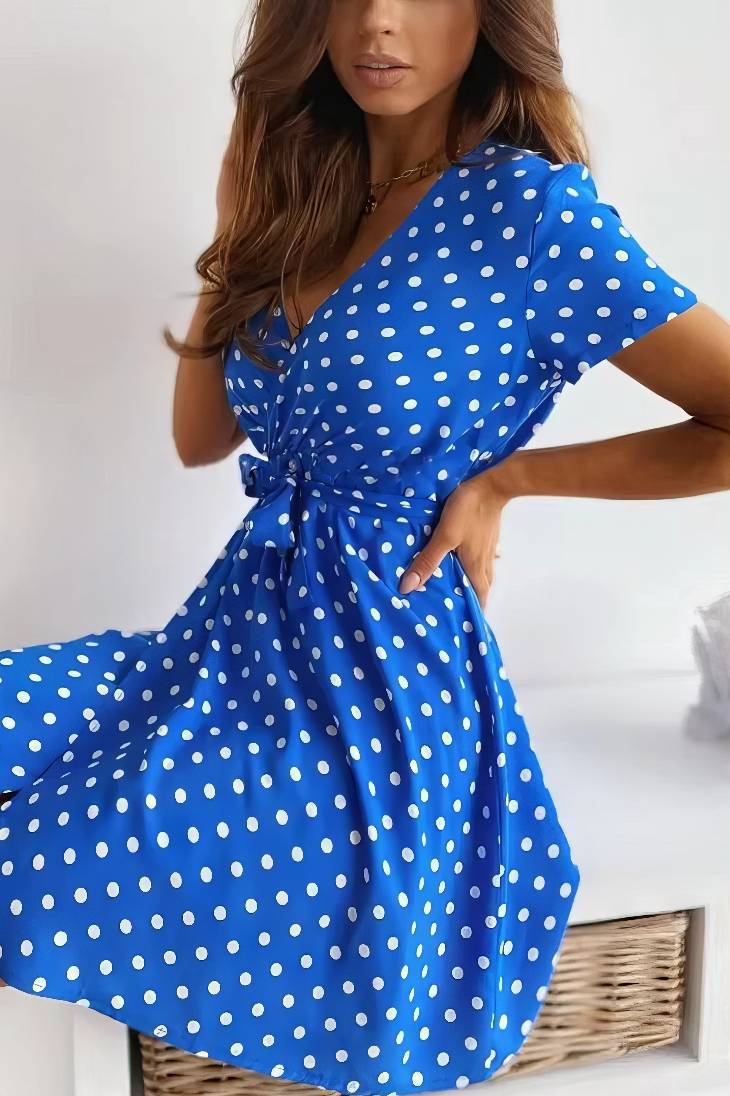 Vestido Boho De Lunares Corto Manga Corta Escote En V
