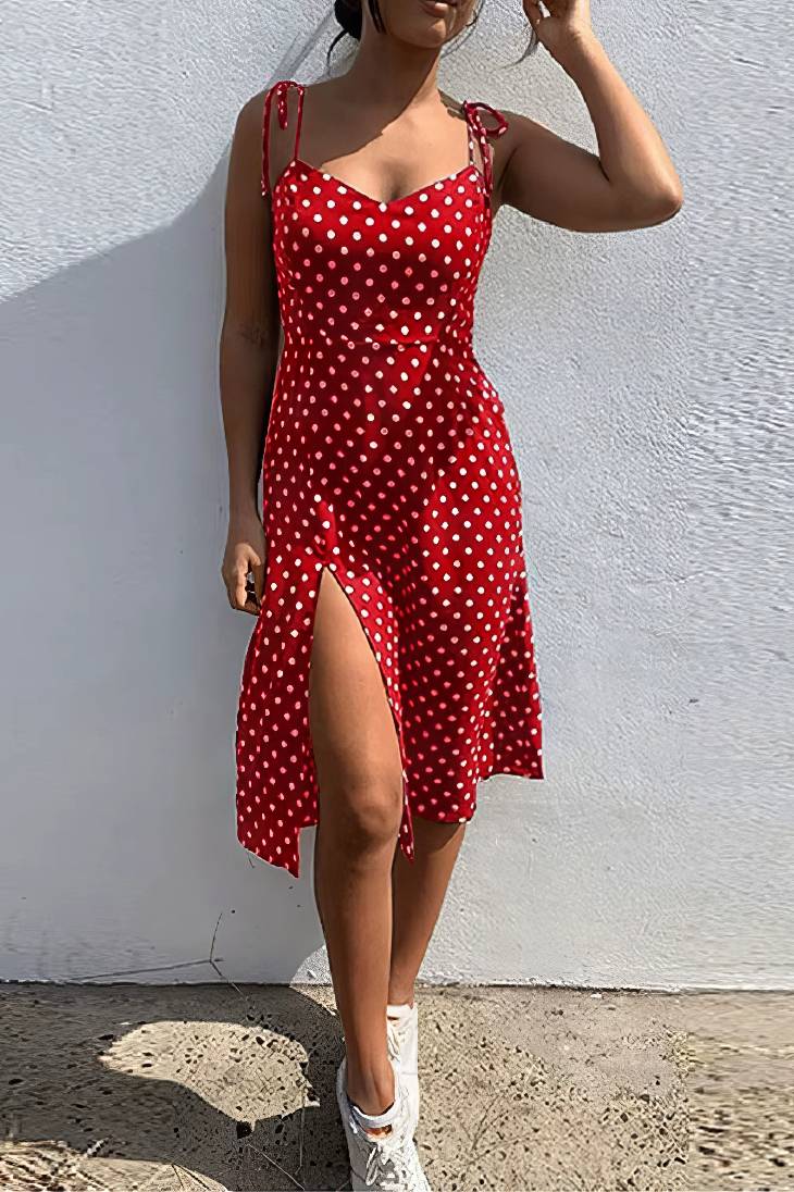 Vestido Boho De Lunares Largo Tirantes Sin Mangas Con Abertura