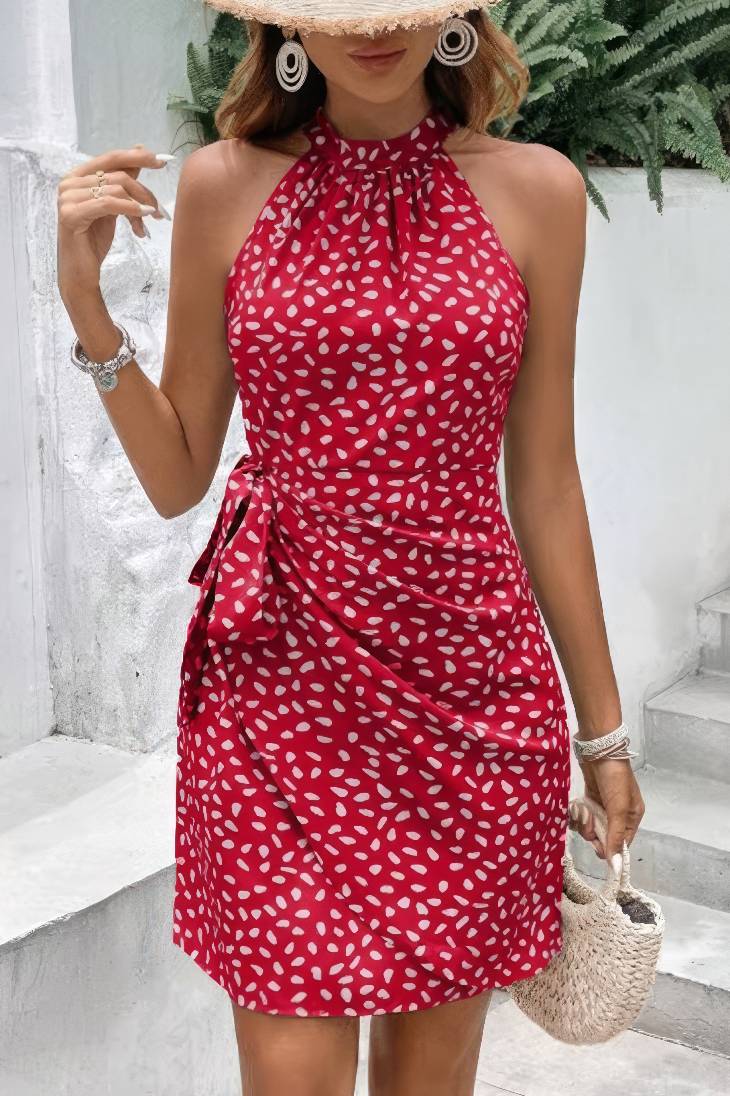Vestido Boho Estampado Corto Sin Mangas Cuello Halter