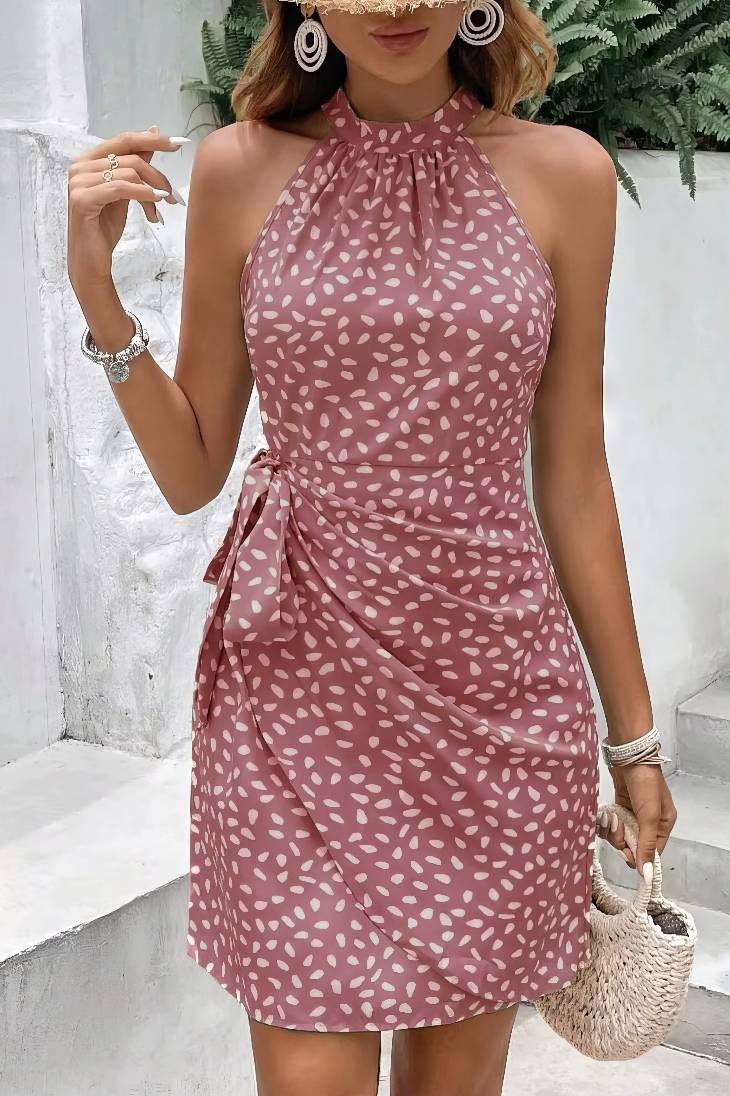 Vestido Boho Estampado Corto Sin Mangas Cuello Halter