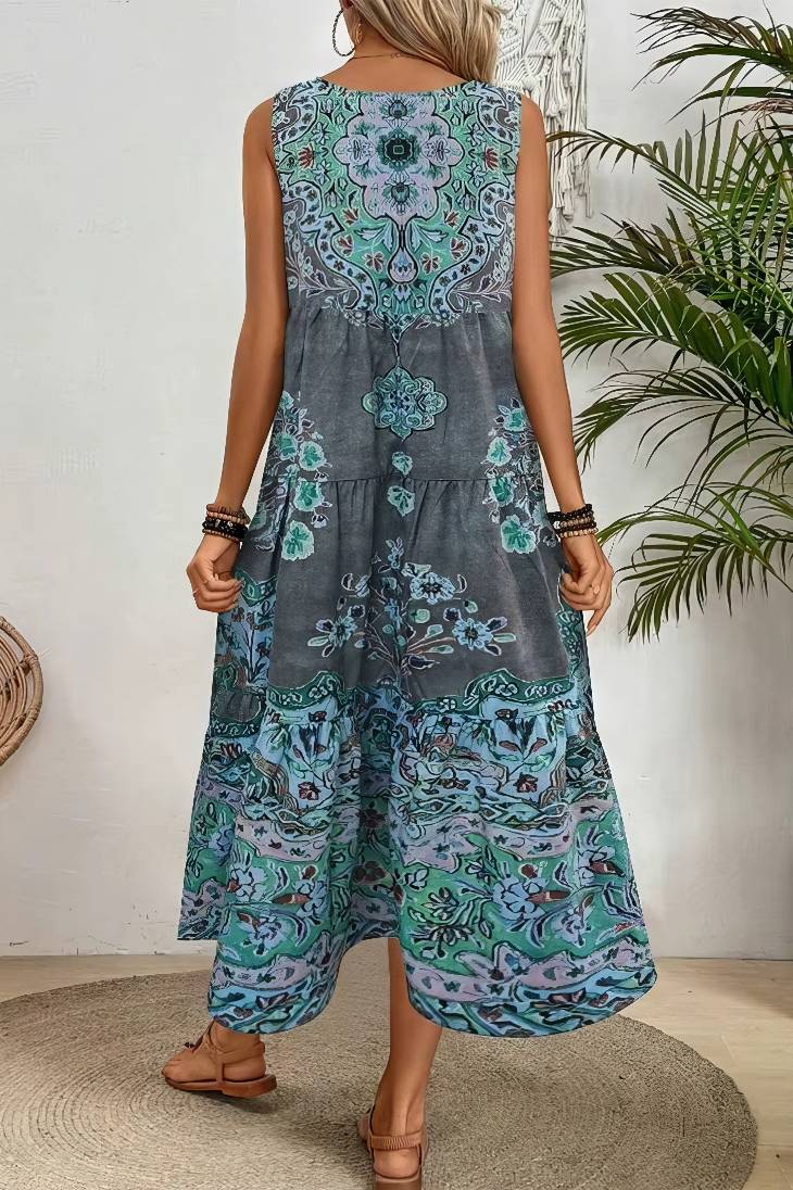 Vestido Boho Estampado Étnico Sin Mangas Largo