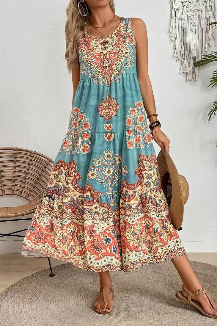 Vestido Boho Estampado Étnico Sin Mangas Largo