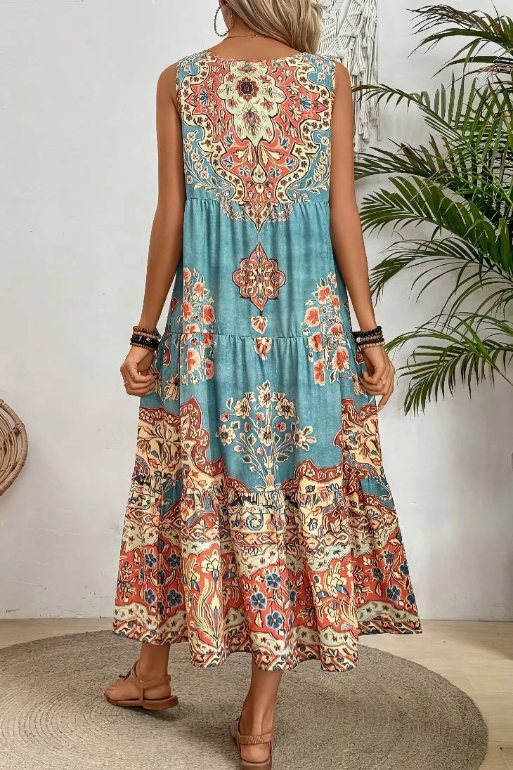 Vestido Boho Estampado Étnico Sin Mangas Largo