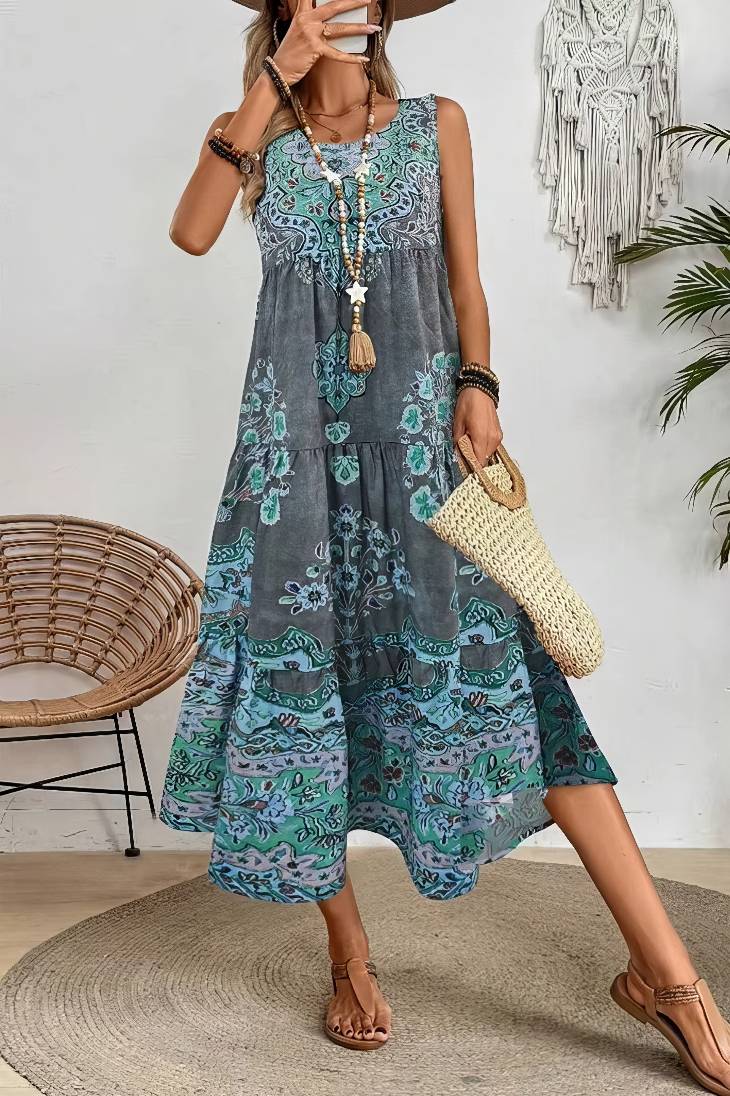 Vestido Boho Estampado Étnico Sin Mangas Largo