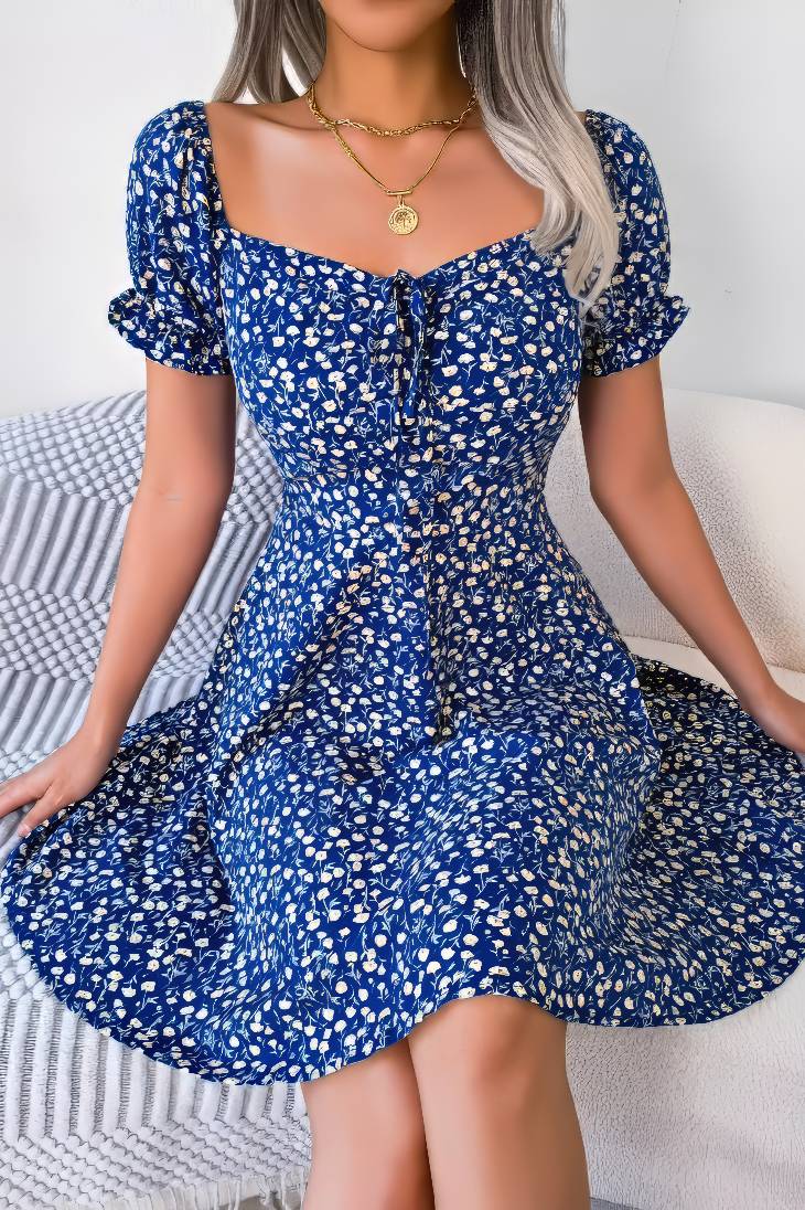Vestido Boho Floral Corto Escote Cuadrado Manga Corta Con Volantes